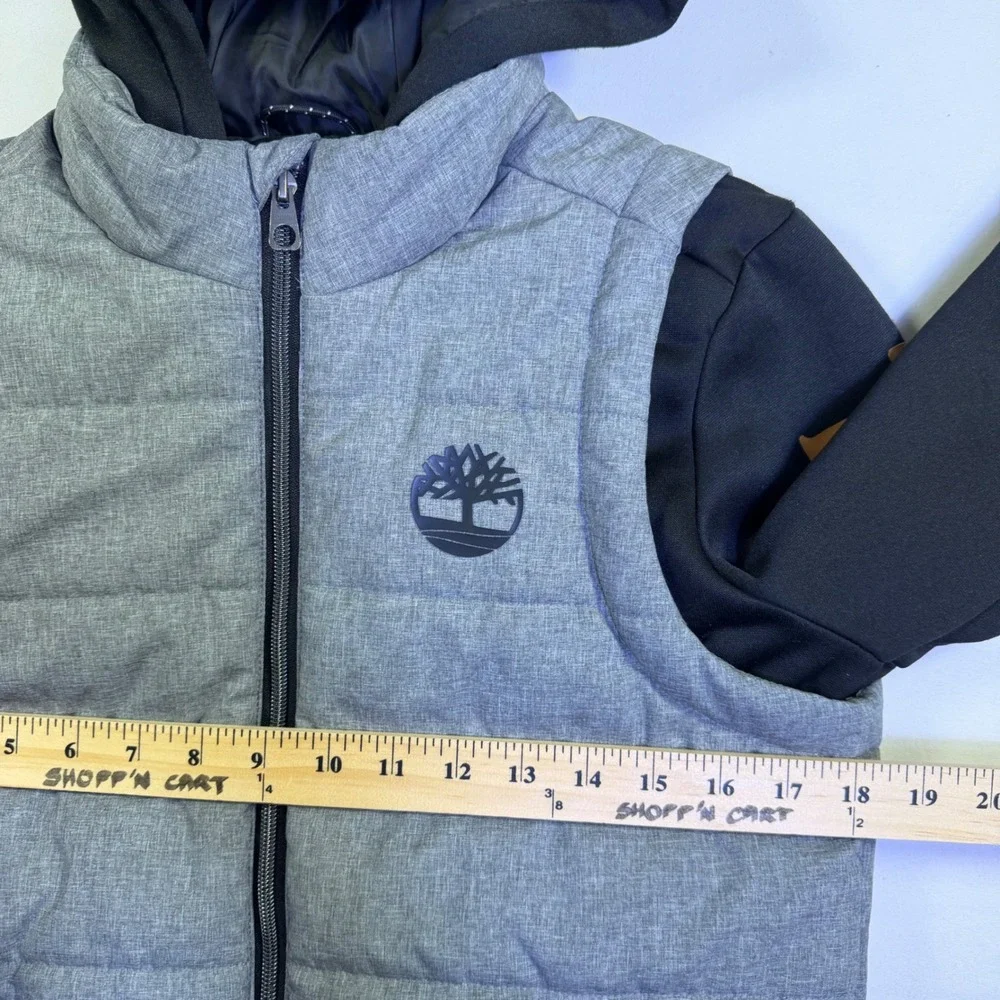 Timberland Kids Unisex Gray Black Puffer Hybrid Hooded Jacket Size M 10/12